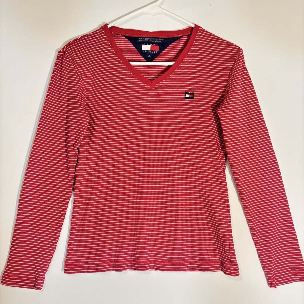 Vintage 90s crewneck Tommy Hilfiger patriotic red white Stripe Size M Made Saipa